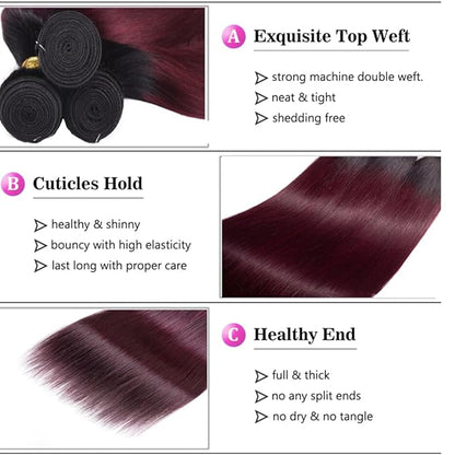 1B99J Straight Bundles Human Hair Two Tone Black and Burgundy Straight Bundles Brazilian Human Hair Weave Soft and Silky for Women 26 28 30 Inch