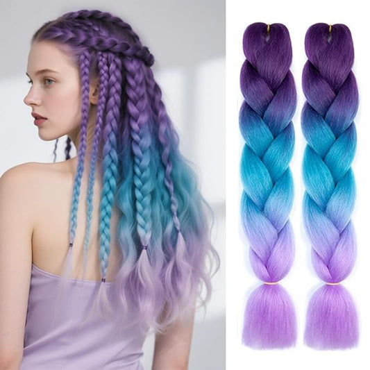 6 Packs Ombre Jumbo Braiding Hair Extensions 24 Inch High Temperature Synthetic Fiber Hair Extensions for Box Braids Braiding Hair (Purple to Lake Blue to Light Purple)