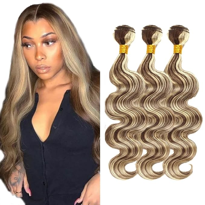 30 32 34 Inch Blonde Human Hair Bundles Highlight Body Wave Bundles Niegmeag Hair Double Weft Brazilian Grade 8A Virgin Remy P4/613 Hair Extensions For Woman