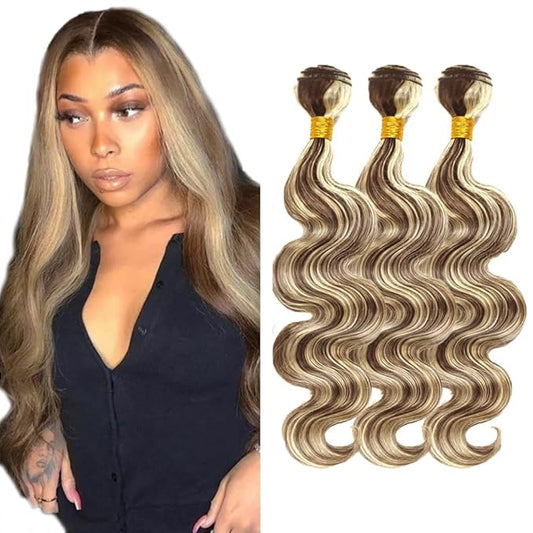 30 32 34 Inch Blonde Human Hair Bundles Highlight Body Wave Bundles Niegmeag Hair Double Weft Brazilian Grade 8A Virgin Remy P4/613 Hair Extensions For Woman
