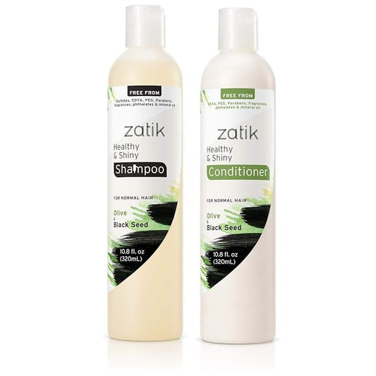 Zatik Naturals - Healthy & Shiny Shampoo and Conditioner set, with Olive and Black Seed, Voluminizing and Safe for Color Treated Hair - one of each 10.80 fl oz.