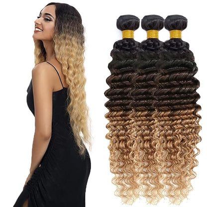 28 30 32 Inch Ombre Blonde Deep Wave Bundles Human Hair T1B427 Bundles Niegmeag Virgin Remy Hair Extensions 3 Tone Brown and Blonde Bundle Hair Weave