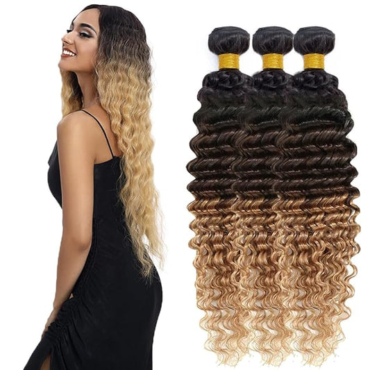 28 30 32 Inch Ombre Blonde Deep Wave Bundles Human Hair T1B427 Bundles Niegmeag Virgin Remy Hair Extensions 3 Tone Brown and Blonde Bundle Hair Weave