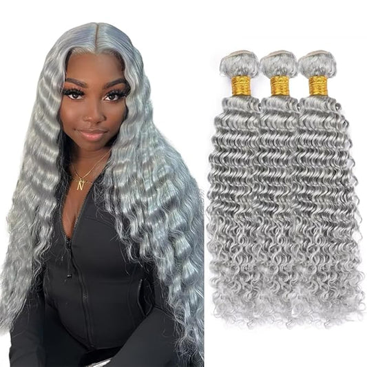 Light Grey Bundles Human Hair Grey Deep Wave Bundle Niegmeag 20 22 24 Inch Peruvian Virgin Soft and Skily Remy Hair Extensions 300g