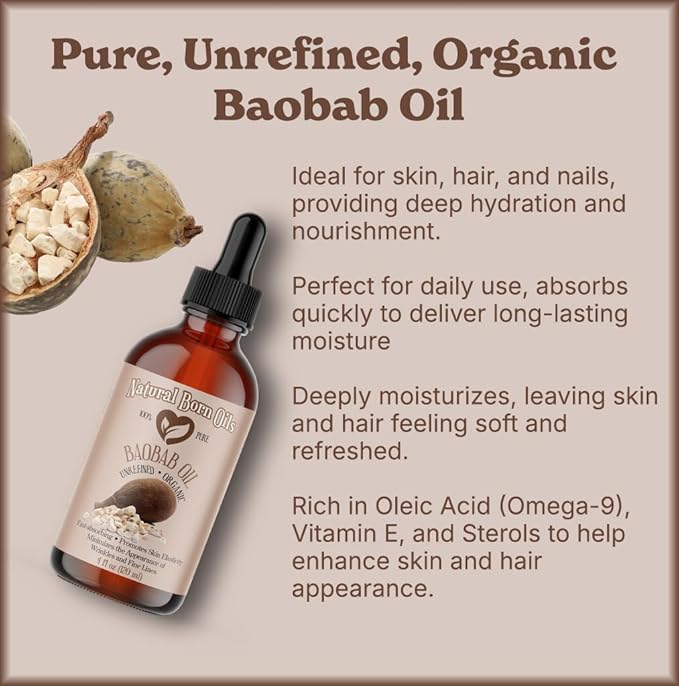 Natural Born Oils Baobab Oil, 16oz, Organic, Cold-Pressed, Nutrient-Dense, Deep Moisturizing for Skin, Hair Revitalizer