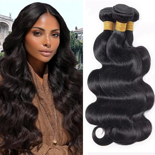 #1B Body Wave Bundles Natural Black Human Hair 12 14 16 Inch Brazilian Remy Weave Body Wave Human Hair Bundles Soft and Silky for Women