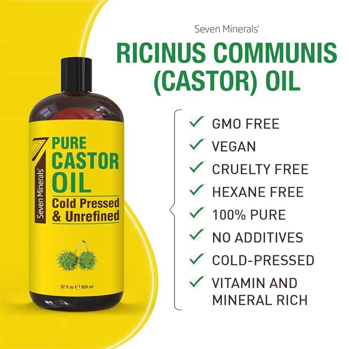 Pure Cold Pressed Castor Oil - Big 32 fl oz Bottle - Unrefined & Hexane Free - 100% Pure Castor Oil for Hair Growth, Thicker Eyelashes & Eyebrows, Dry Skin, Healing, Hair Care, Joint and Muscle Pain