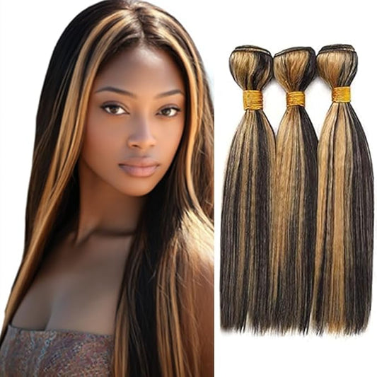 Ombre Bundles Highlights P1B27 Straight Human Hair Bundles Black Mixed With #27 Blonde Weave Straight Brazilian Soft and Silky for Black Women 20 20 20 Inch