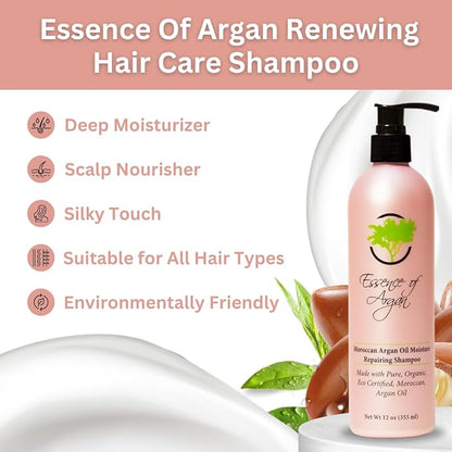 Essence of Argan Renewing Hair Care Shampoo - Infused with 100% Pure Moroccan Organic Argan Oil - Nourishing and Moisturizing - For All Hair Types