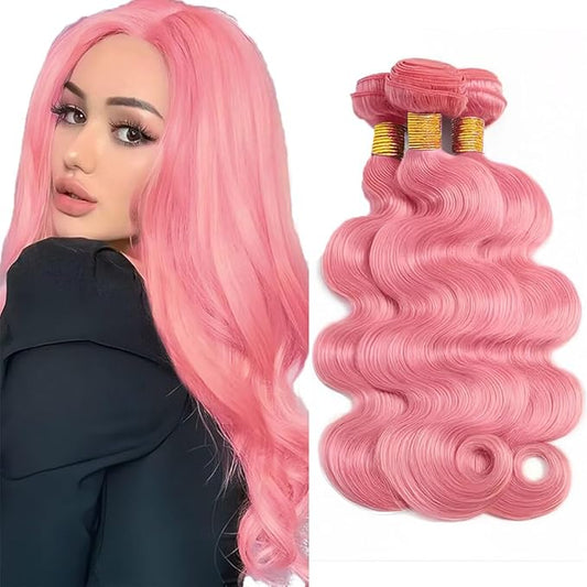 32 32 32 Inch Pink Body Wave Bundles Human Hair Light Pink Bundles Unprocessed Peruvian Virgin Remy Hair Extensions Niegmeag Hair Pure Pink Bundle