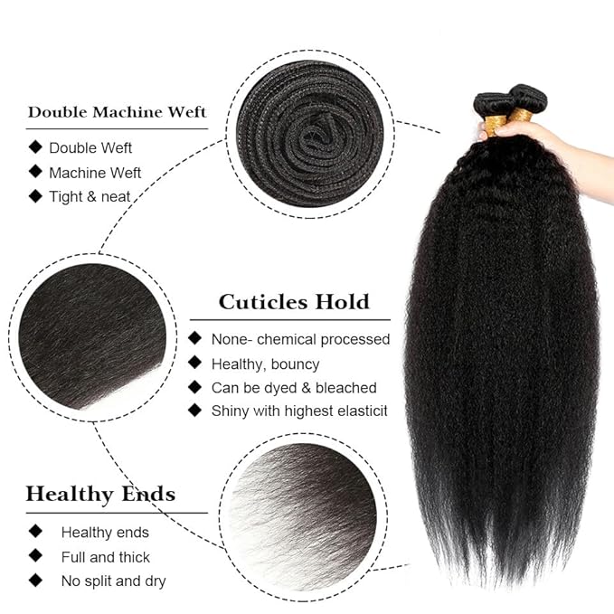 #1B Human Hair Bundles Yaki Straight Bundles 22 24 Inch 2 Bundles Unprocessed Brazilian Virgin Hair Weave 50 Grams Per Bundle kinky Straight Bundle Human Hair Extensions Natural Color