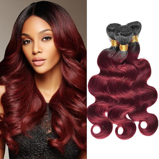 Ombre Hair Bundles 1B99J Body Wave Bundles Two Tone Black to Burgundy Brazilian Hair Weave Soft and Silky for Women 20 22 24 Inch