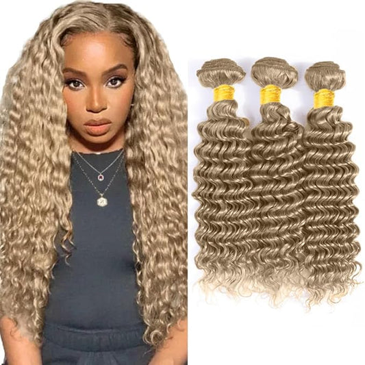 #22 Blonde Bundles Human Hair Deep Wave Bundles 12 14 16 Inch Human Hair Weave 3 Bundle Unprocessed Brazilian Virgin Hair Ash Blonde Deep Wave Human Hair Extensions 50 Grams/Bundle