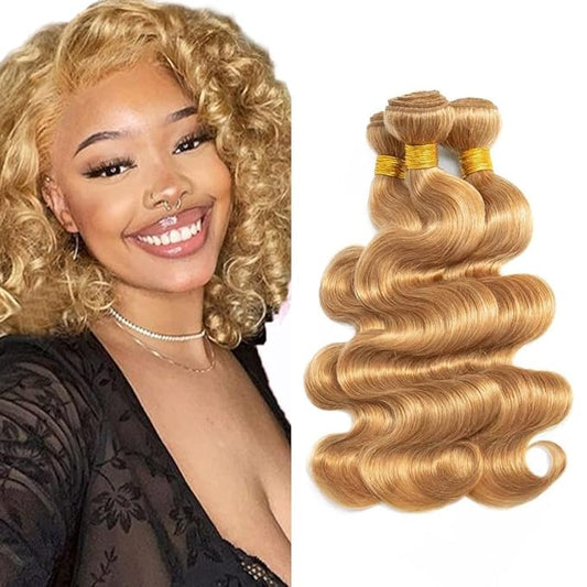 #27 Blonde Bundles Body Wave Human Hair Bundles 18 20 22 Inch Unprocessed Brazilian Virgin Hair Weave 3 Bundles Honey Blonde Human Hair Extensions For Woman 50 Grams Per Bundle