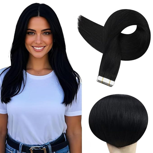 Tape In Hair Extensions 18 Inch Color #1 Straight Hair Extensions HuxoWax Double Weft VirgIn Soft And Silky Remy Invisible Natural Color