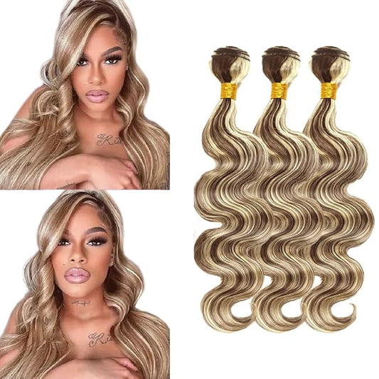Highlight Bundles Human Hair Blonde Body Wave Bundles 18 20 22 Inch Niegmeag Hair 2 Tone Brown Mixed With Blonde Bundle Grade 8A Peruvian Virgin Hair Extensions