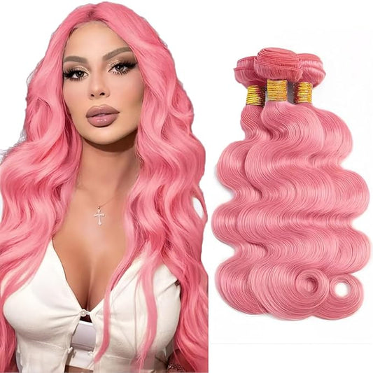 Pink Human Hair Bundles Pink Body Wave Bundle Niegmeag Brazilian Virgin Remy Hair Same Length 3 Bundles 22 22 22 Inch Light Pink Body Wave Hair Extensions