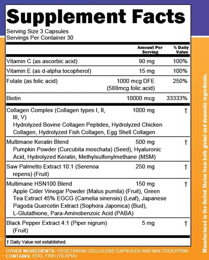 Clean Nutra Pumpkin Seed Oil Saw Palmetto Biotin Collagen Keratin MSM Folate Hyaluronic Acid Supplements B12 Zinc Hair Supplement for Women Men Iodine 5-MTHF B-12 Vitamin B9-60 Vegan Capsules Count