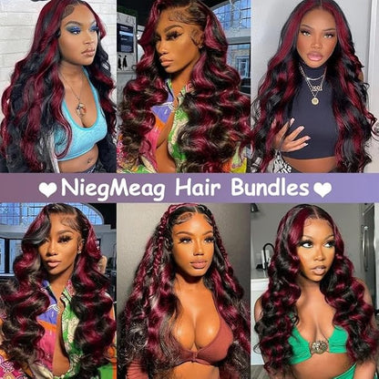 Highlight Human Hair Bundles Burgundy Body Wave Bundles 26 26 26 Inch 2 Tone Red and Black Bundle Grade 8A Peruvian Virgin Remy Hair Extensions