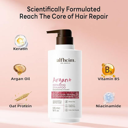 Alfheim Argan+ Repairing Shampoo | Argan Oil & Keratin for Dry, Damaged & Brittle Hair | Deep Nourishing & Strengthening | Sulfate-Free, Color-Safe & Frizz Control | 18 fl oz
