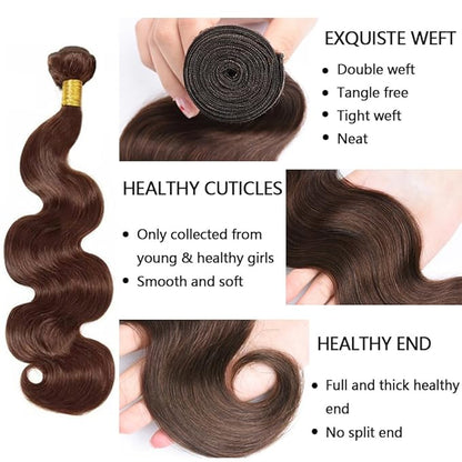 #4 Brown Bundles Human Hair Body Wave Bundles 24 26 28 Inch Human Hair Weave 3 Bundle Unprocessed Brazilian Virgin Hair Dark Brown Body Wave Human Hair Extensions 50 Grams/Bundle
