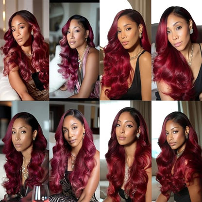 1B99j Ombre Body Wave Bundles Two Tone Black and Burgundy Body Wave Bundles Brazilian Human Hair Weave Soft and Silky for Women 14 16 18 Inch