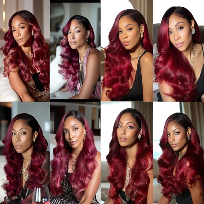 1B99J Body Wave Bundles Black Mixed With Burgundy Body Wave Bundles two tone Brazilian Hair Extensions Soft and Silky for Women 24 26 30 Inch