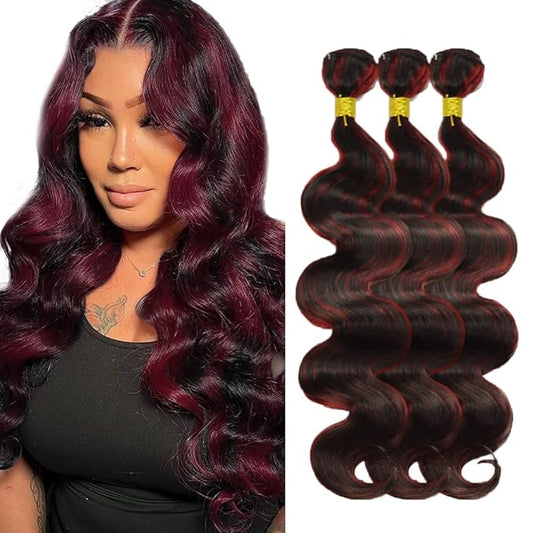 Highlight Body Wave Bundles 99j Human Hair Bundles 30 30 30 Inch 2 Tone Red and Black Hair Weave Grade 8A Brazilian Virgin Remy Hair Extensions 300g
