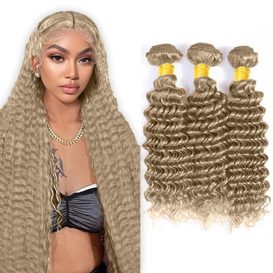 #22 Blonde Bundles Human Hair Deep Wave Bundles 16 18 20 Inch Human Hair Weave 3 Bundle Unprocessed Brazilian Virgin Hair Ash Blonde Deep Wave Human Hair Extensions 50 Grams/Bundle