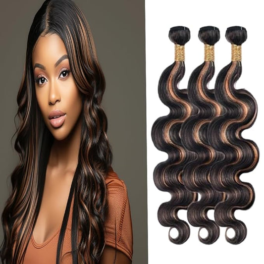 P1B30 Highlight Body Wave Bundles Black Mixed With Light Brown two tone Brazilian Human Hair Wavy Weave With Soft and Silky for Women 20 22 24 Inch
