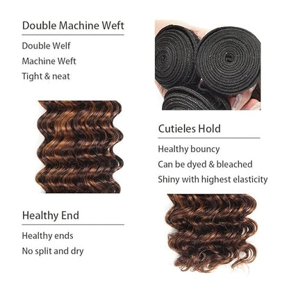 P430 Deep Wave Bundles Highlight Deep Wave Human Hair Bundles Brown and Light Brown two tone Brazilian Human Hair Soft and Silky for Black Women 08 10 12 Inch
