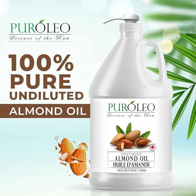 PUROLEO Sweet Almond Oil 128 Fl Oz/3784 ML (Packed In Canada) Pure Almond Oil for Skin, Hair, & Body | Organic Carrier Oil & Body Oils For Women