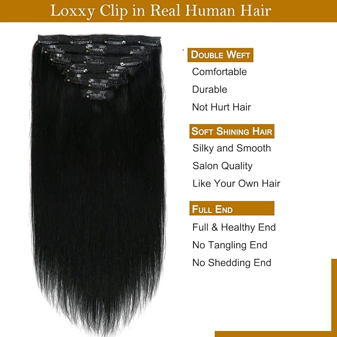 Loxxy 16 Inch New Version Thickened Double Weft Brazilian Hair 100% Human Remy Hair 9A Grade Black Human Hair Extensions Jet Black #1 120g 7 pcs 16 Clips