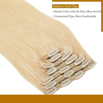 Loxxy 14 Inch Platinum Blonde Hair Extensions Clip in Human Hair 9A Grade Brazilian Human Hair Extension #60A Big Thick Silky Straight Clip in Human Hair For Women 120g 7 Pieces 16 clips