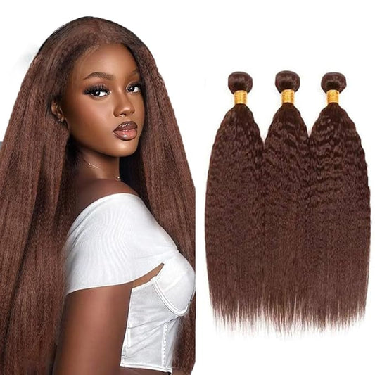 Brown Yaki Straight Human Hair Bundles Chocolate Brown Kinky Straight Bundles Hair Extensions 14 16 18 Inch Grade 8A Brazilian Virgin Remy Hair 3 Bundles Double Weft Real Color 4 Hair Weave