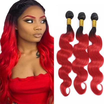 1B/Red Human Hair Bundles Red Body Wave Human Hair Bundles 10 12 14 inch Two Tone Brazilian Virgin Remy Hair Extensions Soft and Silky For Women