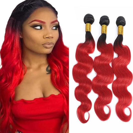 1B/Red Human Hair Bundles Red Body Wave Human Hair Bundles 10 12 14 inch Two Tone Brazilian Virgin Remy Hair Extensions Soft and Silky For Women
