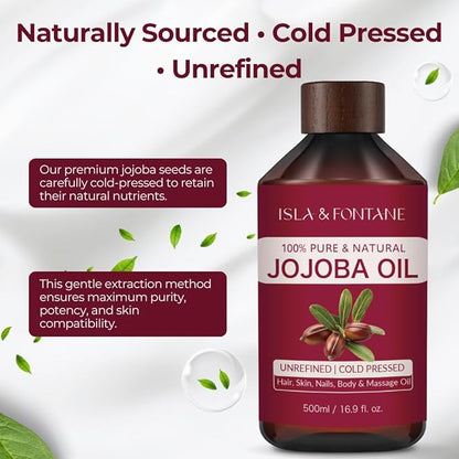 ISLA & FONTANE Jojoba Oil – 500ml (17 fl oz) | 100% Pure & Natural | Golden, Unrefined, Cold Pressed | Hexane-Free Carrier Oil for Skin, Hair, Face, Nails & Body Moisturizing