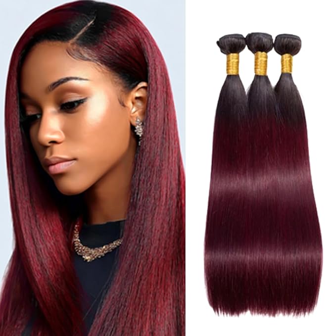 1B99j Ombre Burgundy Straight Bundles Black and Burgundy Straight Bundles two tone Brazilian Hair Weave Soft and Silky for Women 8 10 12 Inch