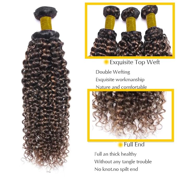 1B/30 Human Hair Bundles Highlight Curly Wave Bundle 26 28 30 Inch Brown Kinky Curly Bundles Human Hair Silky Soft Unprocessed Brazilian Remy Hair Extensions 3Pcs/Set Deals