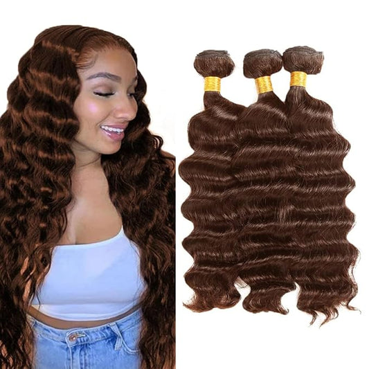 #4 Brown Bundles Human Hair Deep Wave Bundles 24 24 24 Inch Human Hair Weave 3 Bundle Unprocessed Brazilian Virgin Hair Chocolate Brown Deep Curly Human Hair Extensions 50 Grams/Bundle