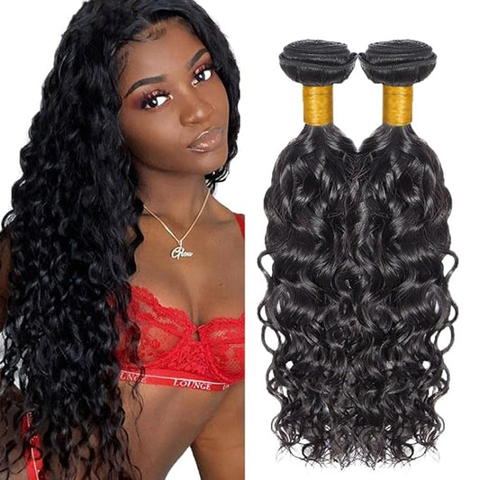 #1B Human Hair Bundles Water Wave Bundles 26 28 Inch 2 Bundles Unprocessed Brazilian Virgin Hair Weave 50 Grams Per Bundle Water Wave Bundle Human Hair Extensions Natural Color