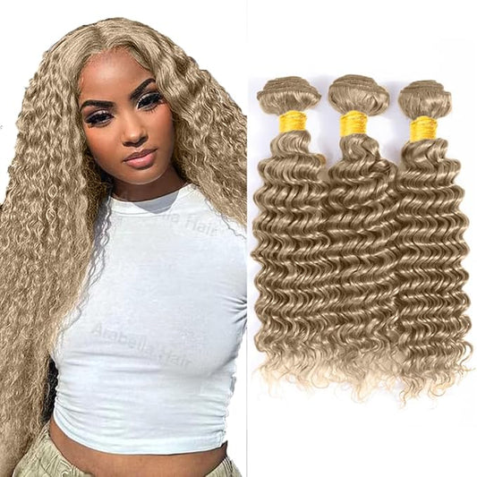 #22 Blonde Bundles Human Hair Deep Wave Bundles 20 22 24 Inch Human Hair Weave 3 Bundle Unprocessed Brazilian Virgin Hair Ash Blonde Deep Wave Human Hair Extensions 50 Grams/Bundle