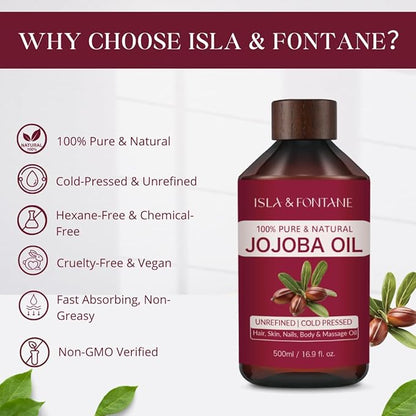 ISLA & FONTANE Jojoba Oil – 500ml (17 fl oz) | 100% Pure & Natural | Golden, Unrefined, Cold Pressed | Hexane-Free Carrier Oil for Skin, Hair, Face, Nails & Body Moisturizing