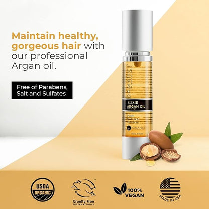 Elixir Argan Oil, Heat Protectant Oil and Leave In Conditioner for Hair Repair, Heal Split Ends and Control Frizz, No Oily Residue (1.7 oz Pack of 2)
