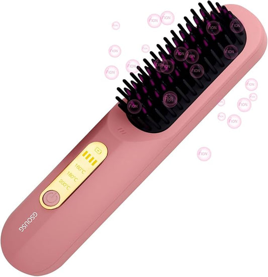Cordless Hair Straightener Brush-Straightening Comb with Negative Ions for Women,Mini Hair Straightener Cordless,USB-C Rechargeable,Anti-Scald. (Pink)