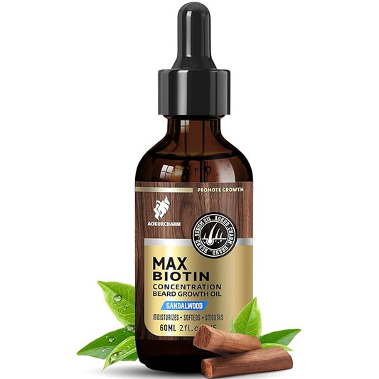 Biotin Beard Oil for Men – Sandalwood Scented Beard Growth Oil with Castor, Vitamin B5 & Grape Seed – Soften & Tame Coarse Beards – Natural Grooming Gift for Him – 2 oz