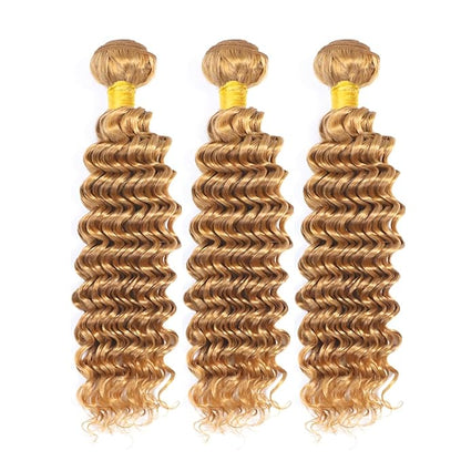 Blonde Bundles Color 27 Deep Wave Bundles 26 28 30 Inch Human Hair Double Weft Brazilian Virgin Remy Hair Honey Blonde Bundle Weave Silky and Soft