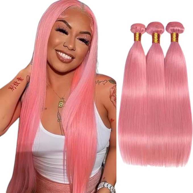 Pink Straight Bundles Human Hair Light Pink Bundle Niegmeag Virgin Soft and Skily Remy Hair 3 Bundles 14 16 18 Inch Double Weft Hair Weave
