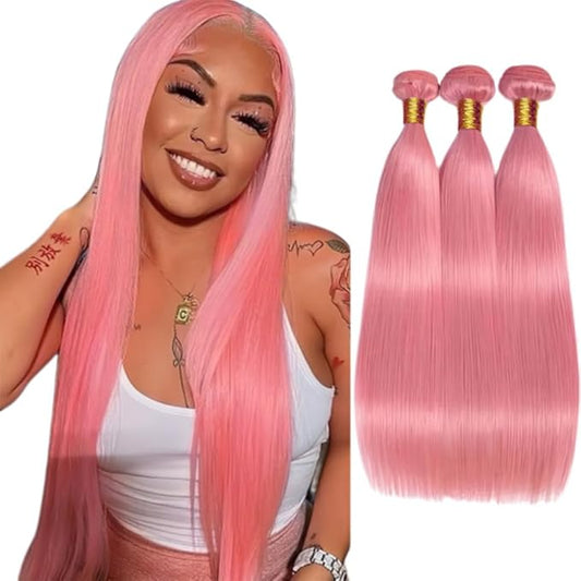 Pink Straight Bundles Human Hair Light Pink Bundle Niegmeag Virgin Soft and Skily Remy Hair 3 Bundles 14 16 18 Inch Double Weft Hair Weave